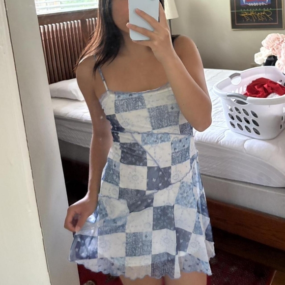 Urban Outfitters Blue and White Patchwork Midi Dress - Picture 1 of 5